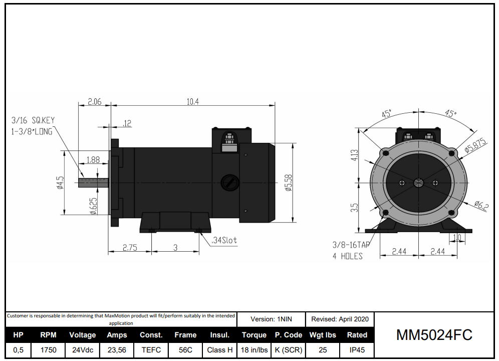 Max Motion MM5024FC | DC Motor 1/2HP, 1750RPM, 24V (DC), Frame 56C, TEFC