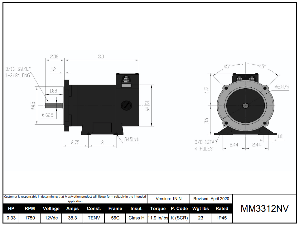 Max Motion MM3312NV | DC Motor 1/3HP, 1750RPM, 12V (DC), Frame 56C, TENV