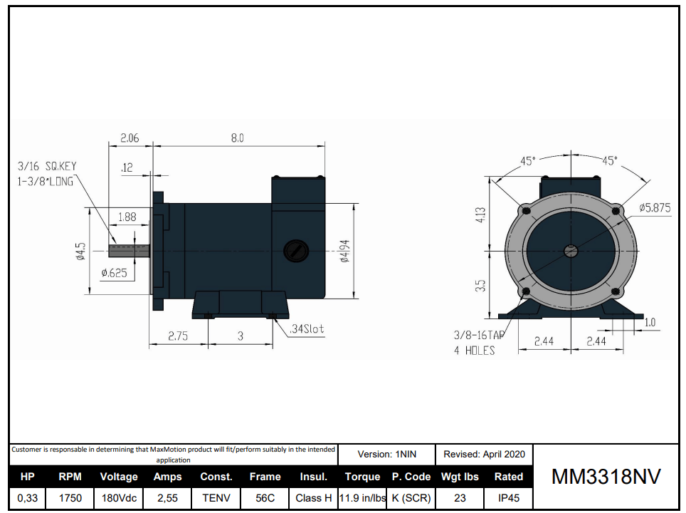 Max Motion MM3318NV | DC Motor 1/3HP, 1750RPM, 180V (DC), Frame 56C, TENV