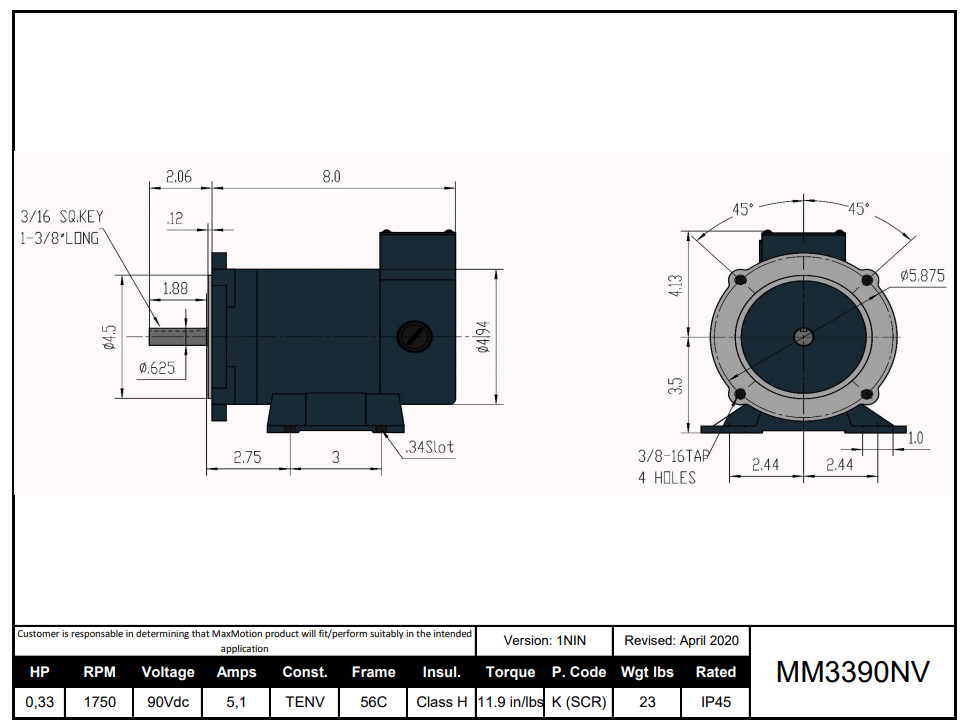 Max Motion MM3390NV | DC Motor 1/3HP, 1750RPM, 90V (DC), Frame 56C, TENV