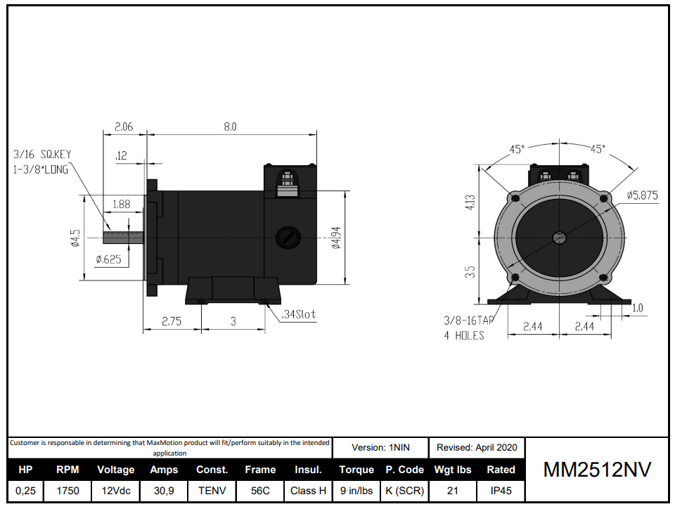 Max Motion MM2512NV | DC Motor 1/4HP, 1750RPM, 12V (DC), Frame 56C, TENV