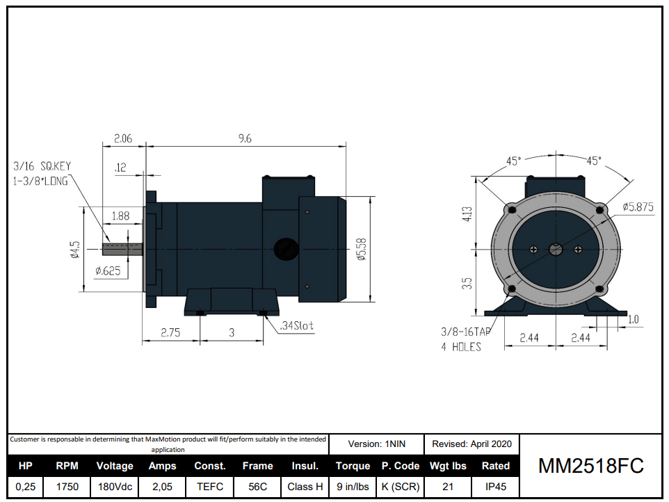 Max Motion MM2518FC | DC Motor 1/4HP, 1750RPM, 180V (DC), Frame 56C, TEFC