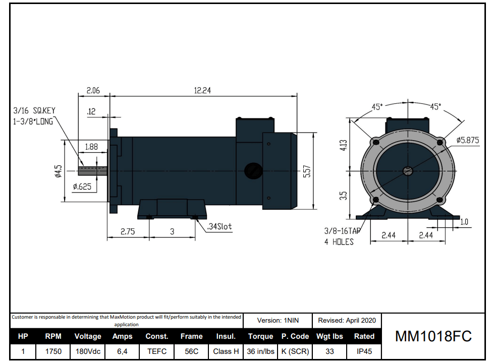 Max Motion MM1018FC | DC Motor 1HP, 1750RPM, 180V (DC), Frame 56C, TEFC