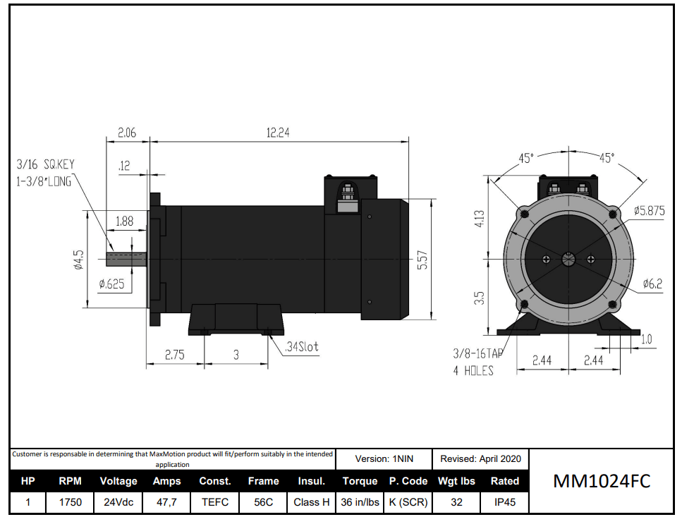 Max Motion MM1024FC | DC Motor 1HP, 1750RPM, 24V (DC), Frame 56C, TEFC