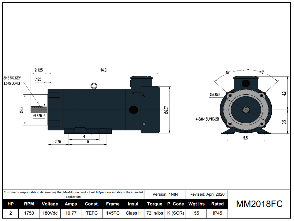 Max Motion MM2018FC | DC Motor 2HP, 1750RPM, 180V (DC), Frame 145T(C), TEFC