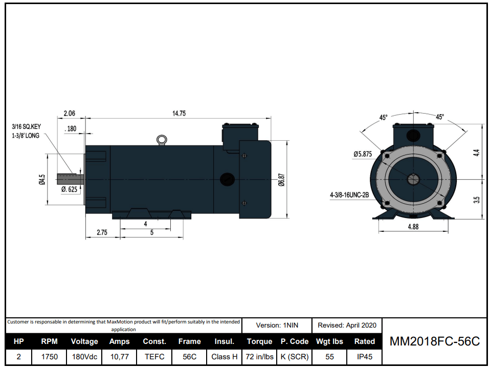 Max Motion MM2018FC-56C | DC Motor 2HP, 1750RPM, 180V (DC), Frame 56C, TEFC