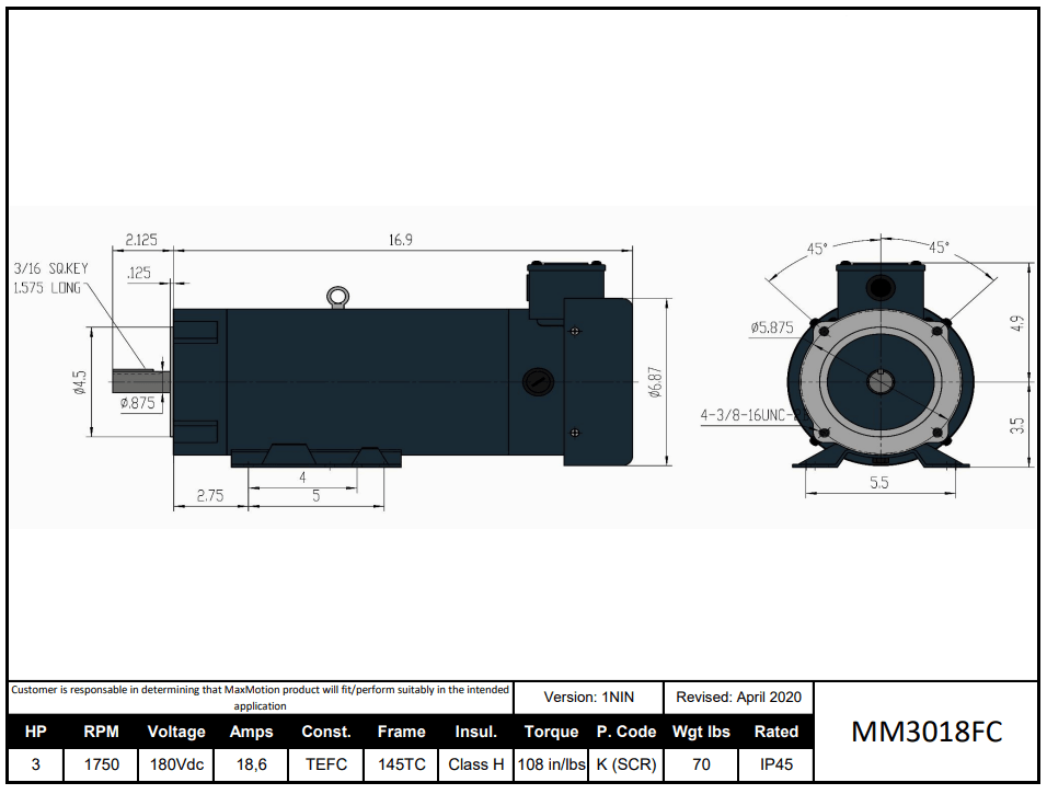 Max Motion MM3018FC | DC Motor 3HP, 1750RPM, 180V (DC), Frame 145T(C), TEFC