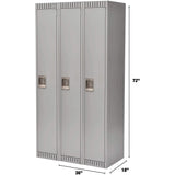 Lockers, Bank of 3, 36" x 18" x 72", Steel, Grey, Rivet (Assembled)