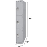 Lockers, 3 -tier, 12" x 18" x 72", Steel, Grey, Knocked Down