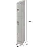 Lockers, 3 -tier, 12" x 18" x 86", Steel, Grey, Knocked Down
