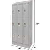 Lockers, 3 -tier, Bank of 3, 36" x 18" x 86", Steel, Grey, Knocked Down