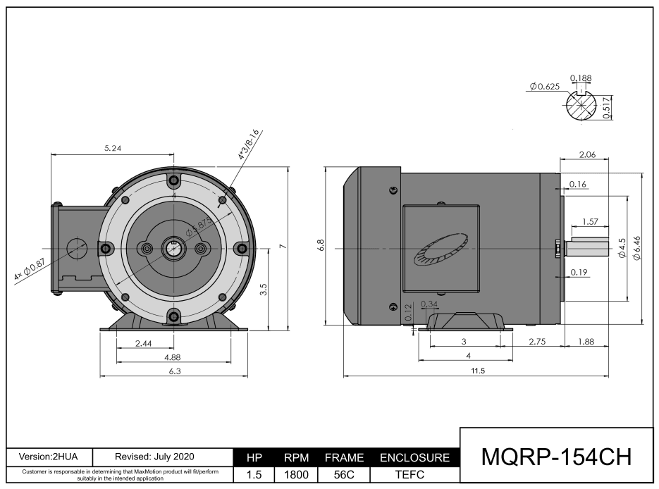 Max Motion MQRP-154CH | General Purpose Motor 1.5HP, 1800RPM, 208-230/460V, Frame 56C, TEFC