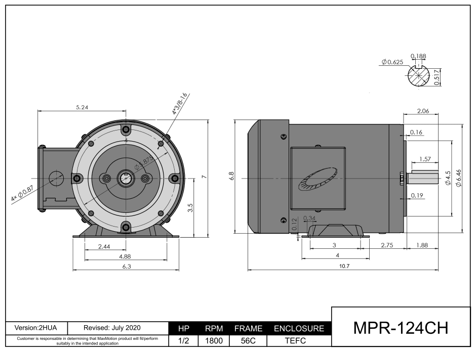 Max Motion MPR-124CH | General Purpose Motor 1/2HP, 1800RPM, 575V, Frame 56C, TEFC