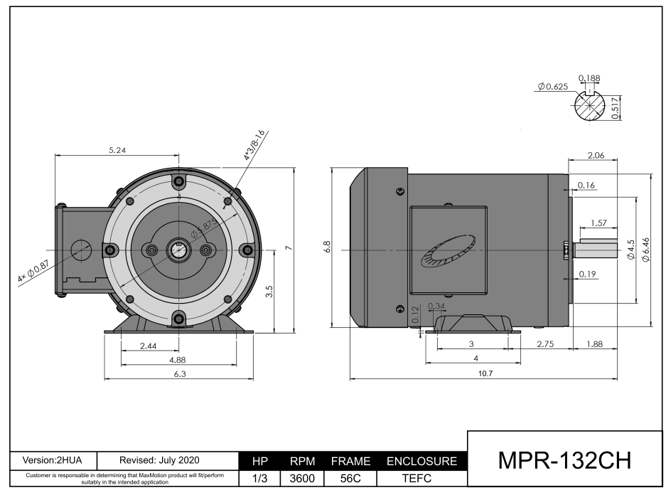 Max Motion MPR-132CH | General Purpose Motor 1/3HP, 3600RPM, 575V, Frame 56C, TEFC