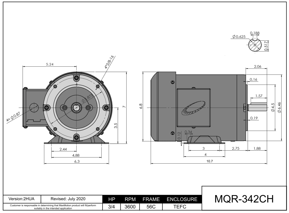 Max Motion MQR-342CH | General Purpose Motor 3/4HP, 3600RPM, 208-230/460V, Frame 56C, TEFC