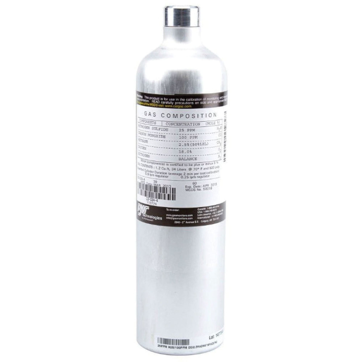 Calibration Testing Gas Cylinder, 4 Gas Mix, CH4/CO/H2S/O2, 58 Litres