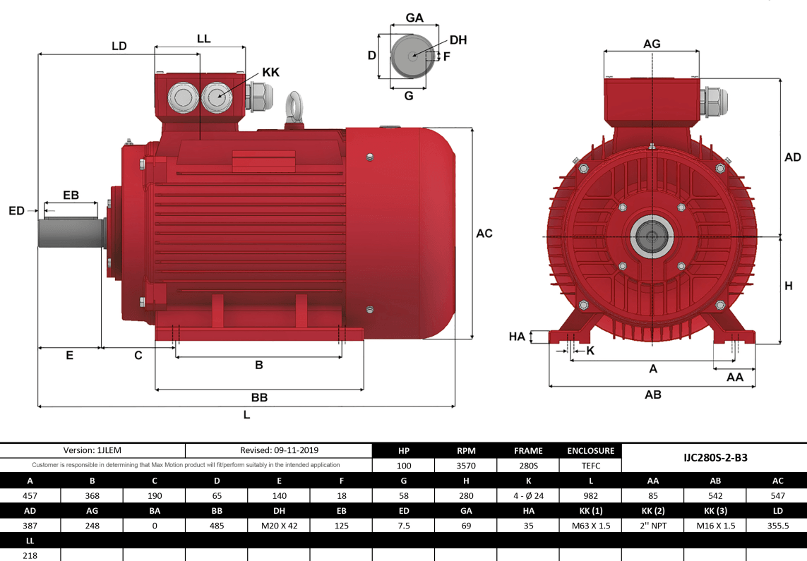 Max Motion IJC280S-2-47 | IEC Motor 100HP, 3600RPM, 460/796V, Frame 280S, TEFC