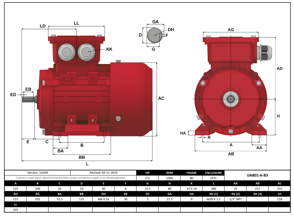 Max Motion IJA801-6-24 | IEC Motor 1/2HP, 1200RPM, 208-230/460V, Frame 80, TEFC