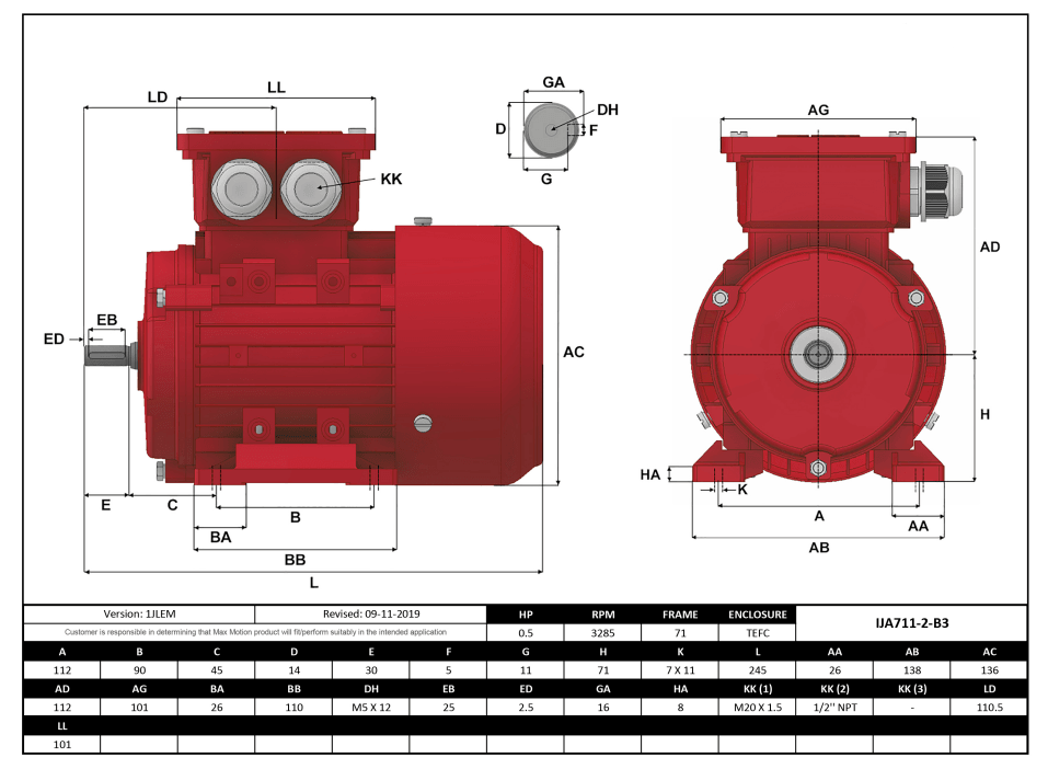 Max Motion IJA711-2-24 | IEC Motor 1/2HP, 3600RPM, 208-230/460V, Frame 71, TEFC