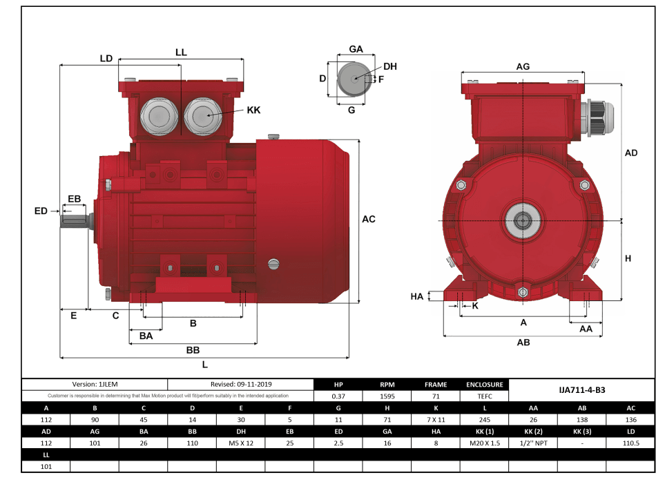Max Motion IJA711-4-24 | IEC Motor 1/3HP, 1800RPM, 208-230/460V, Frame 71, TEFC