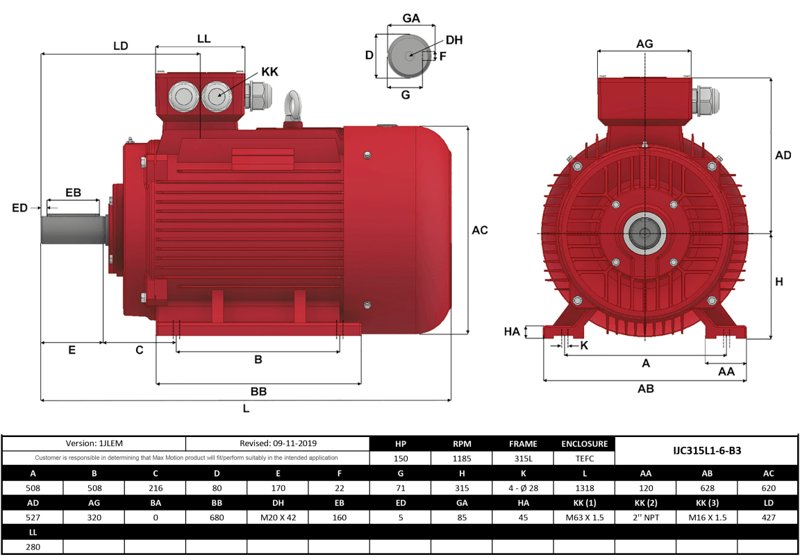 Max Motion IJC315L1-6-47 | IEC Motor 150HP, 1200RPM, 460/796V, Frame 315L, TEFC