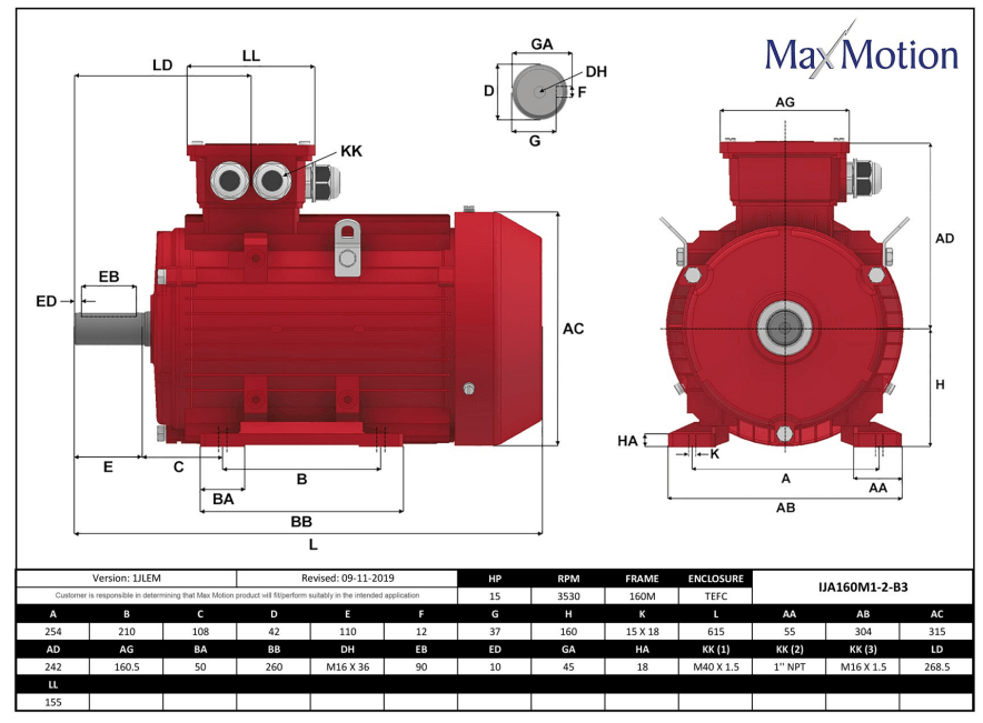 Max Motion IJA160M1-2-46 | IEC Motor 15HP, 3600RPM, 208-230/460V, Frame 160M, TEFC