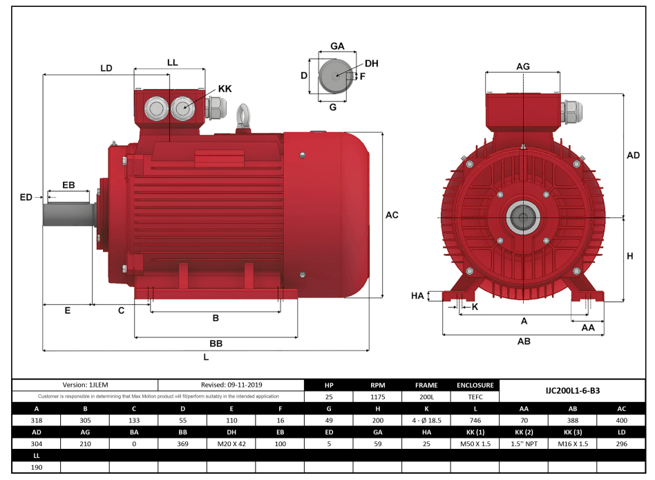 Max Motion IJC200L1-6-47 | IEC Motor 25HP, 1200RPM, 460/796V, Frame 200L, TEFC