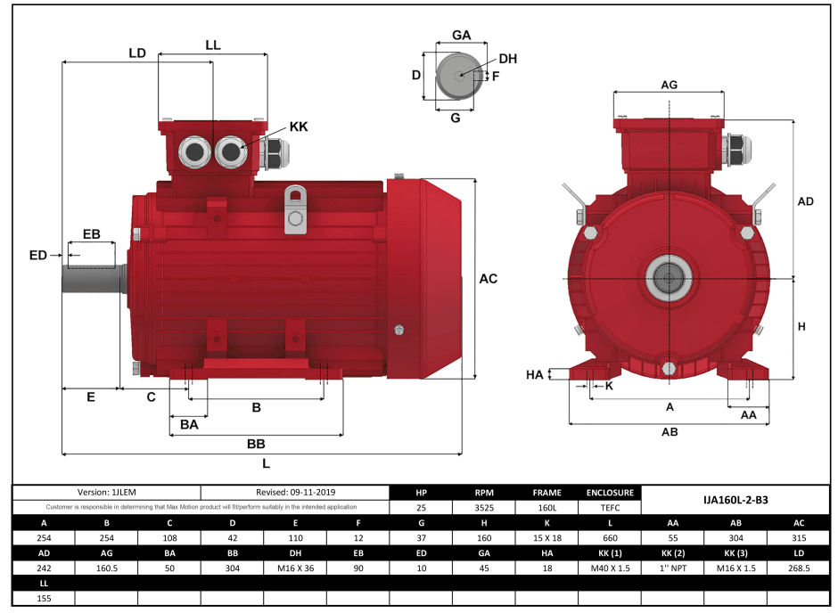 Max Motion IJA160L-2-46 | IEC Motor 25HP, 3600RPM, 208-230/460V, Frame 160L, TEFC