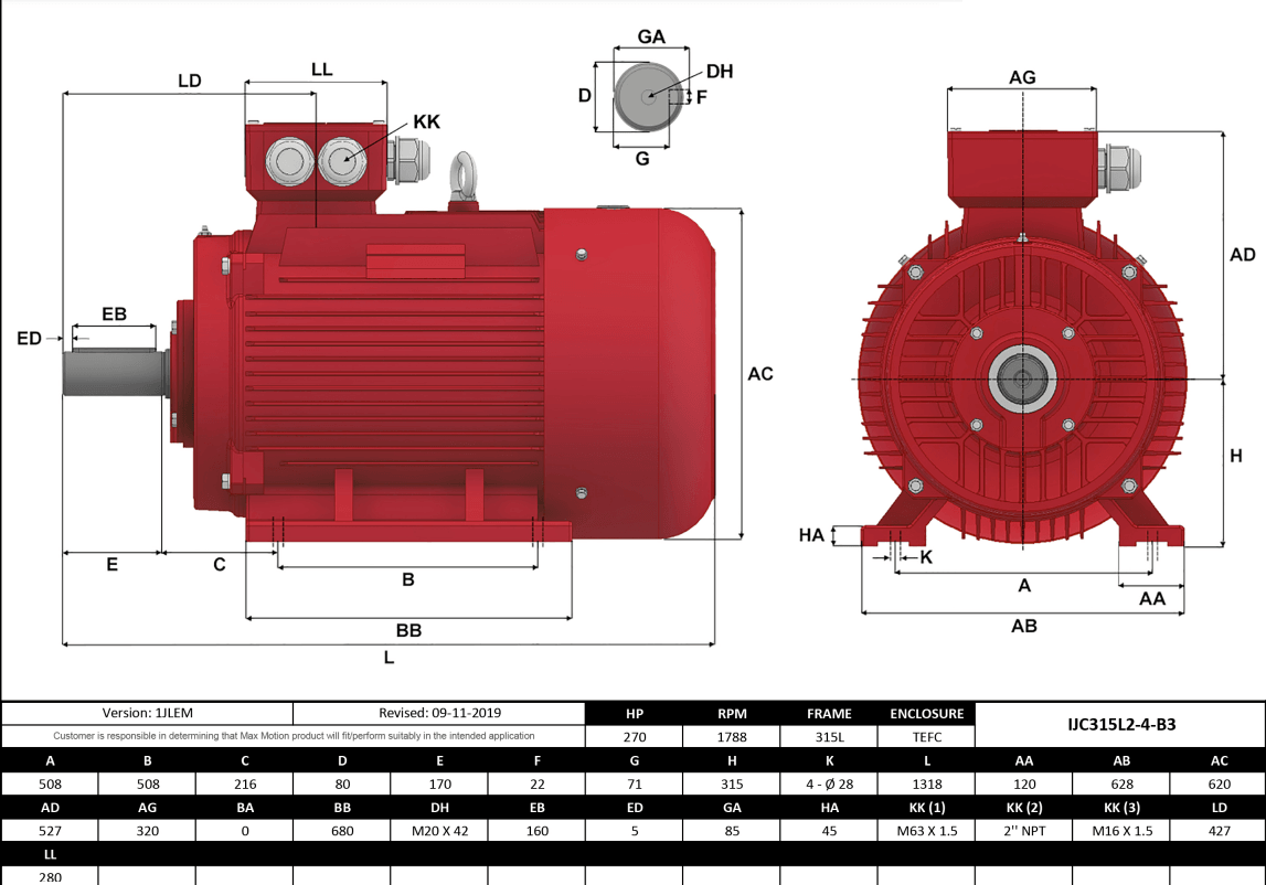 Max Motion IJC315L2-4-47 | IEC Motor 270HP, 1800RPM, 460/796V, Frame 315L, TEFC