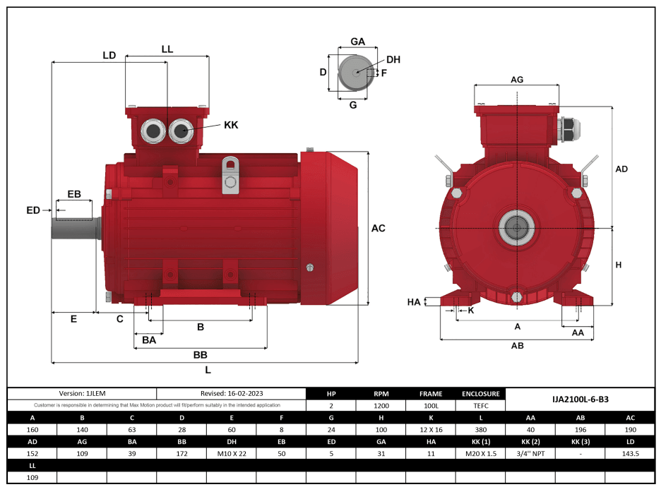 Max Motion IJA2100L-6-24 | IEC Motor 2HP, 1200RPM, 208-230/460V, Frame 100L, TEFC