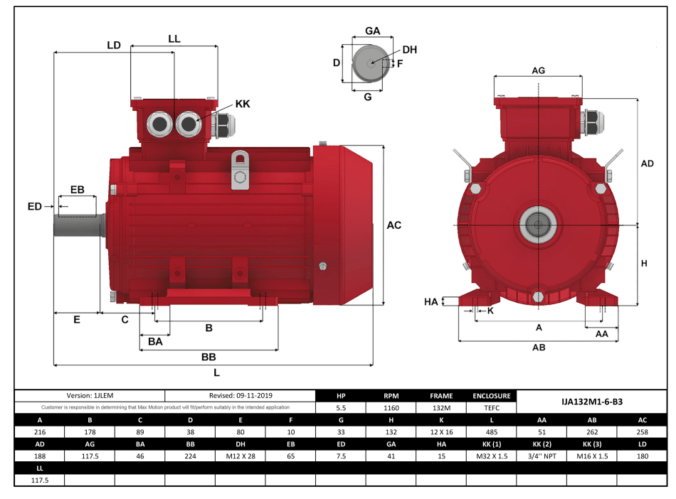 Max Motion IJA132M1-6-46 | IEC Motor 5.5HP, 1200RPM, 208-230/460V, Frame 132M, TEFC