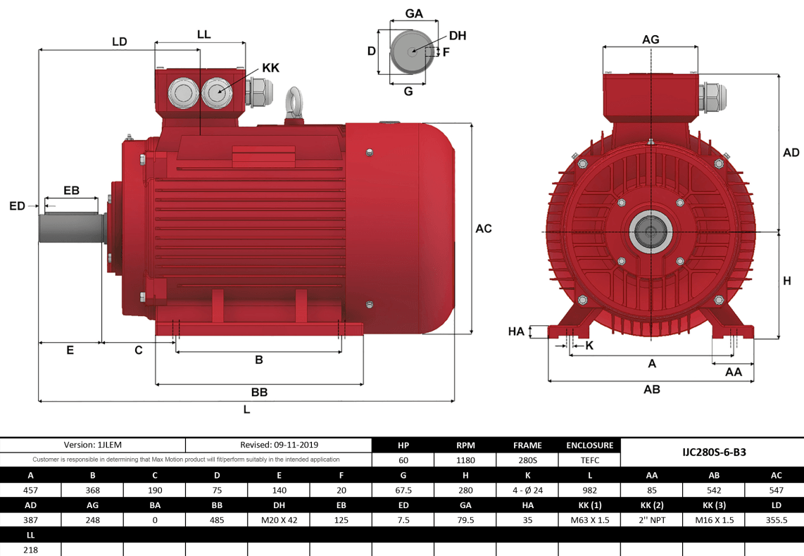 Max Motion IJC280S-6-59 | IEC Motor 60HP, 1200RPM, 575/990V, Frame 280S, TEFC