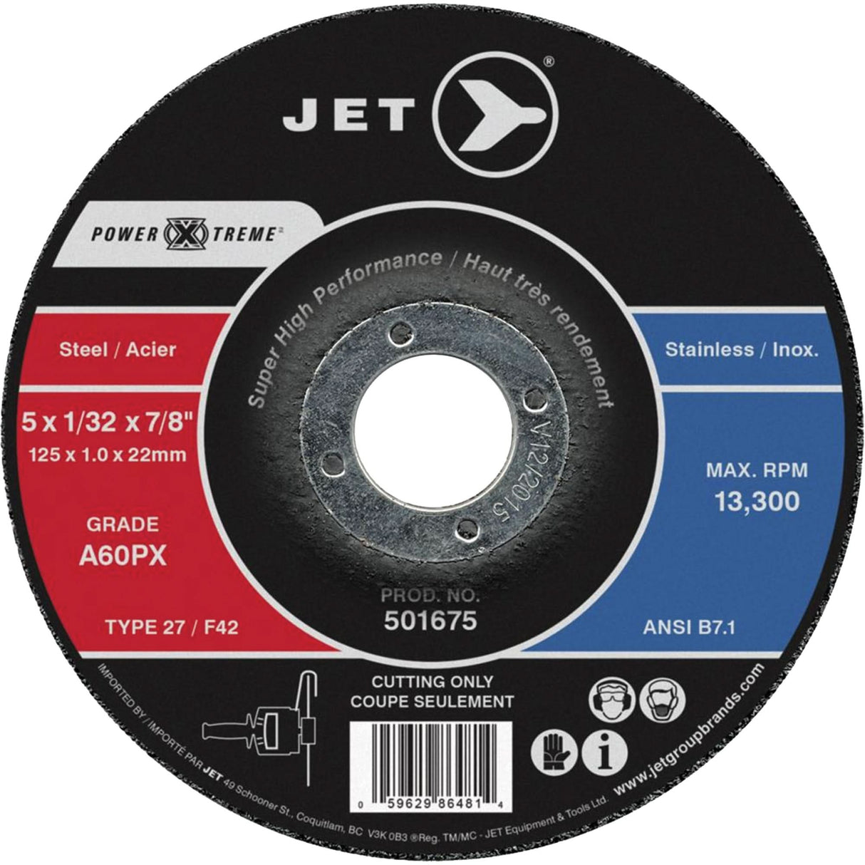 Disque à tronçonner A46PX Power-Xtreme, 5" x 0,062", alésage 7/8", type 27, 13300 tr/min