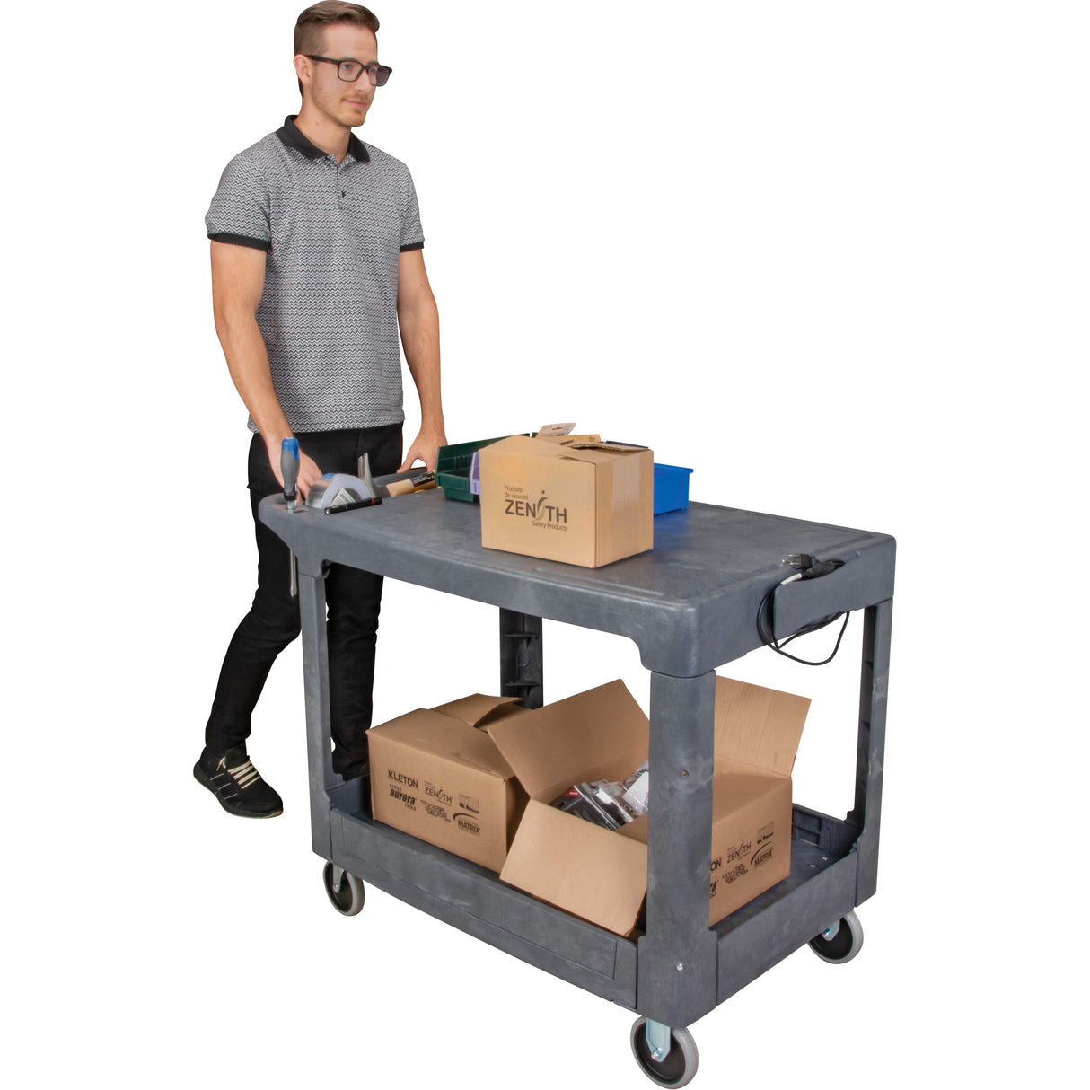 Flat-Shelf Utility Service Cart, 2 Tiers, 25-1/4" x 32-1/4" x 44", 550 lbs. Capacity