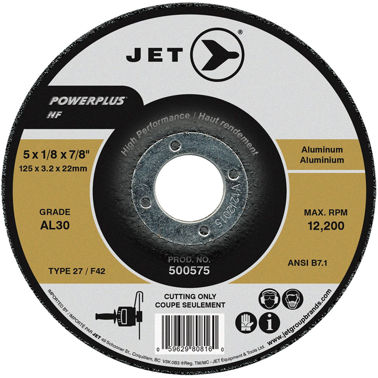 AL30 POWERPLUS NF Cutting Wheel, 5" x 1/8", 7/8" Arbor, Type 27, 12200 RPM