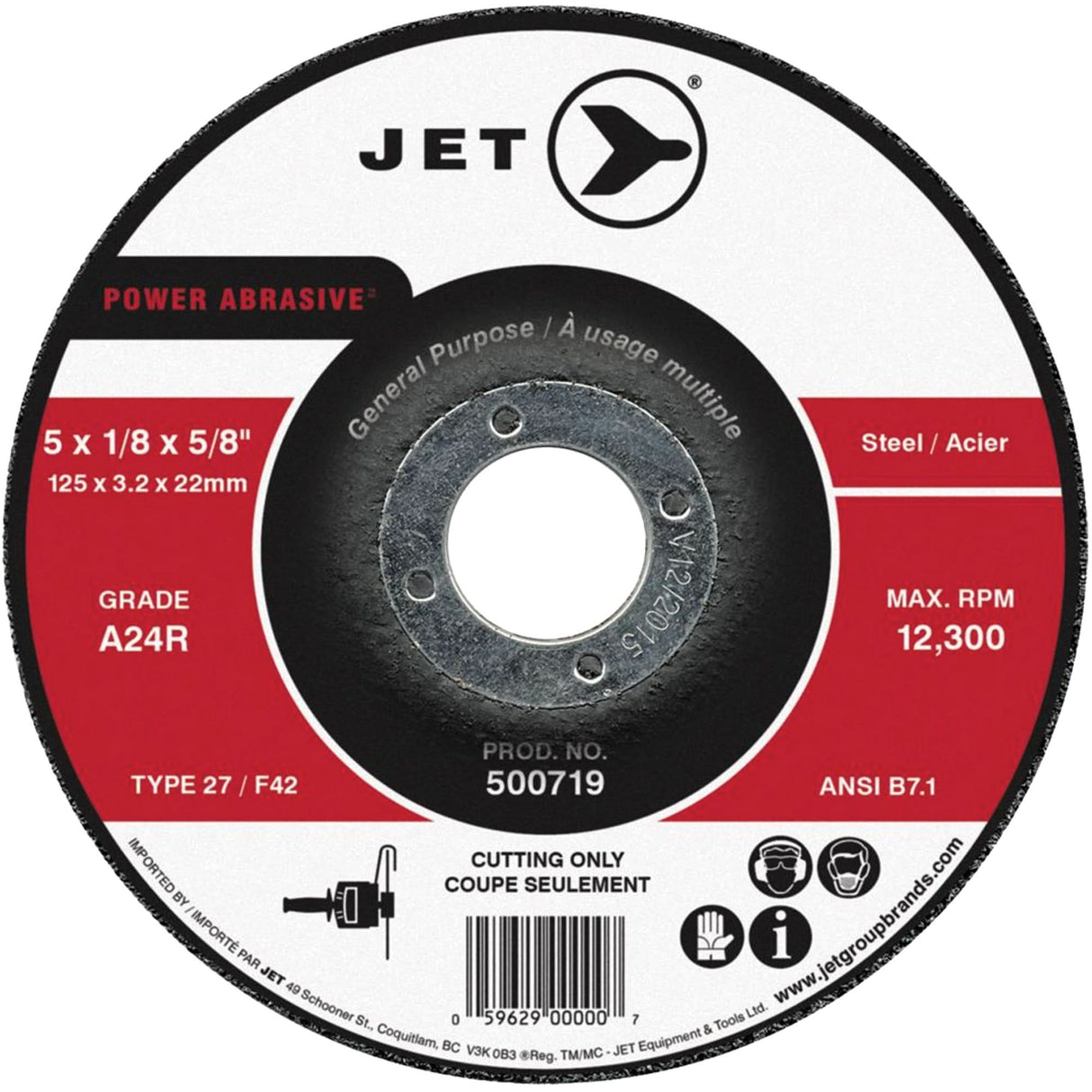 Power Abrasive Cut-Off Wheel, 4-1/2" x 1/8", 7/8" Arbor, Type 27, 13300 RPM