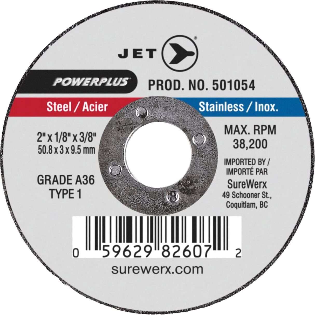 A36 POWERPLUS Cut-Off Wheel, 2" x 1/8", 3/8" Arbor, Type 1, 38200 RPM