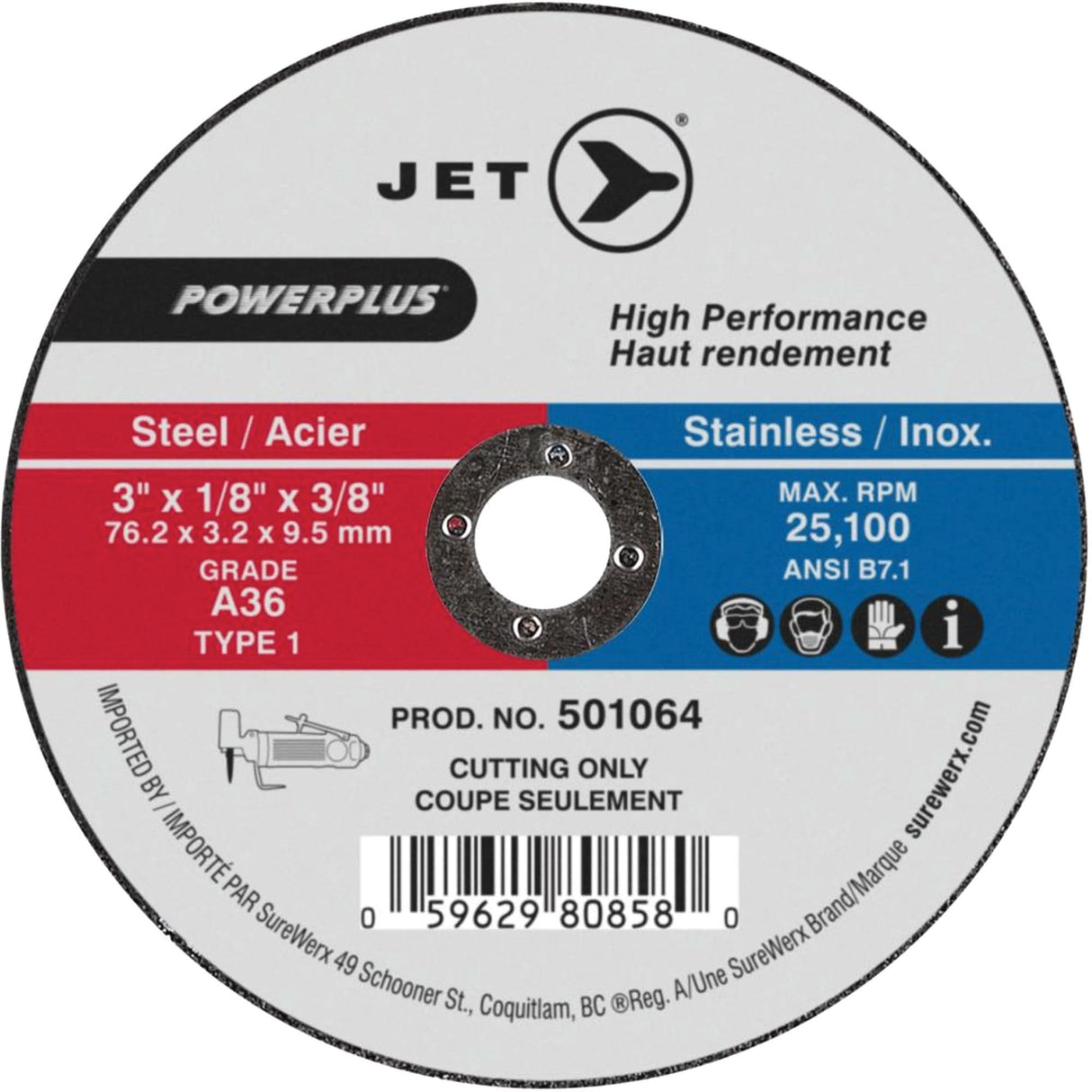 POWERPLUS Cut-Off Wheel, 3" x 1/8", 3/8" Arbor, Type 1, 25100 RPM