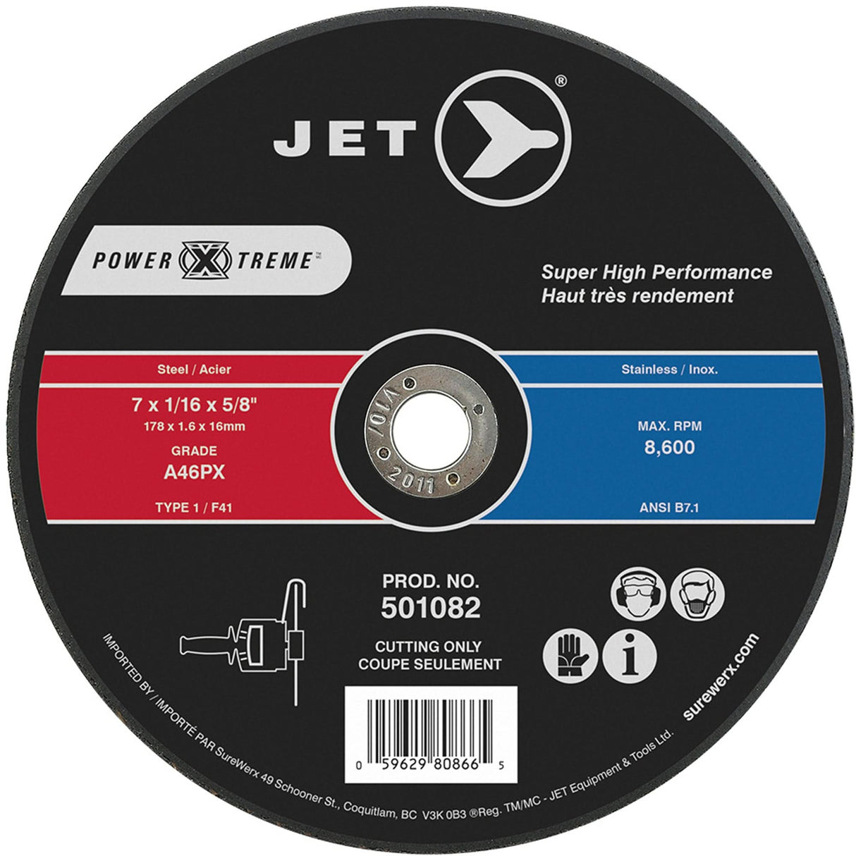 POWER-XTREME Cut-Off Wheel, 7" x 1/16", 5/8" Arbor, Type 1, 8600 RPM