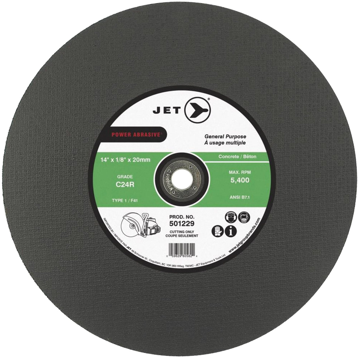 Power Abrasive Cut-Off Wheel, 12" x 1/8", 20 mm Arbor, Type 1, 6370 RPM
