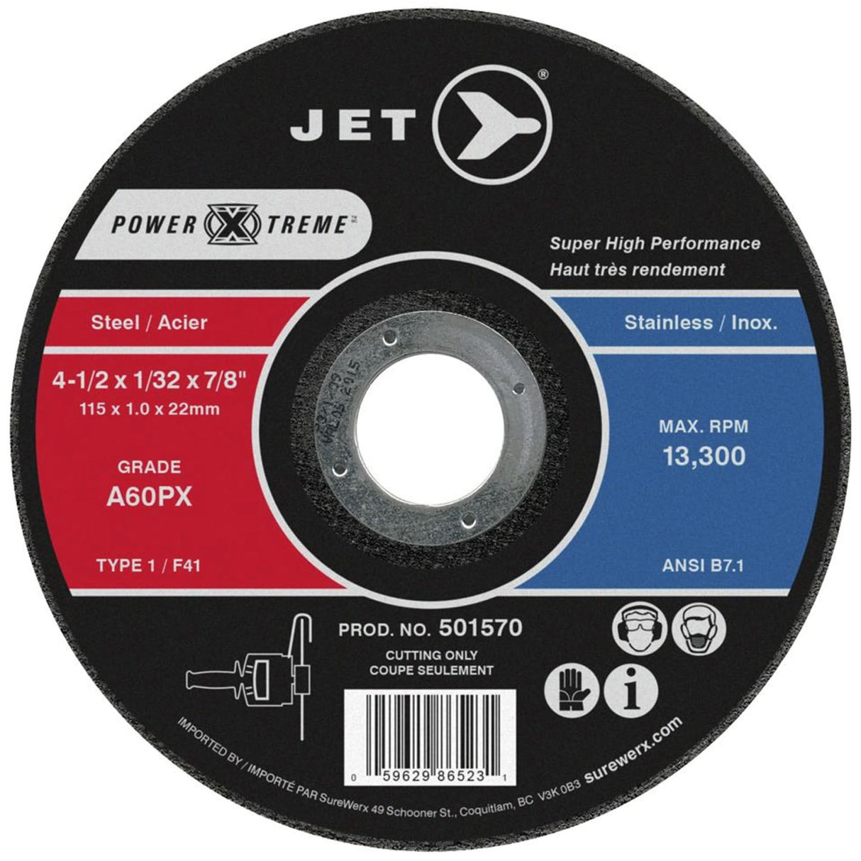 POWER-XTREME Cut-Off Wheel, 7" x 1/16", 7/8" Arbor, Type 1, 8600 RPM