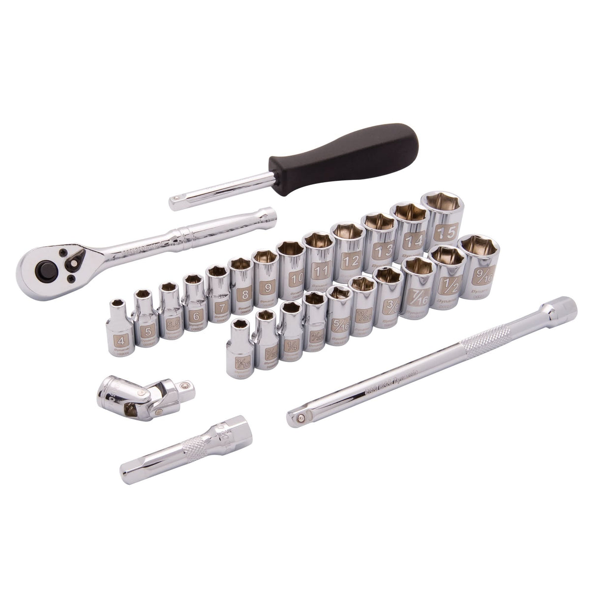 6-Point SAE/Metric Socket Set, 28 Pcs, 1/4" Drive Size