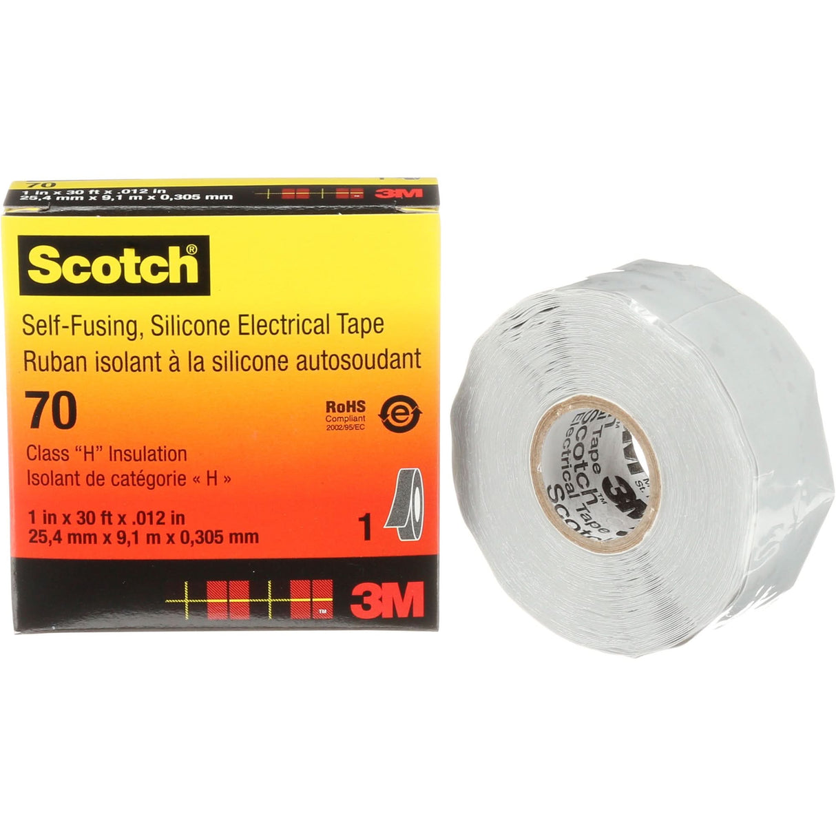Scotch® Self-Fusing Silicone Rubber Electrical Tape, 25.4 mm (1") x 9 m (30'), Grey, 12 mils