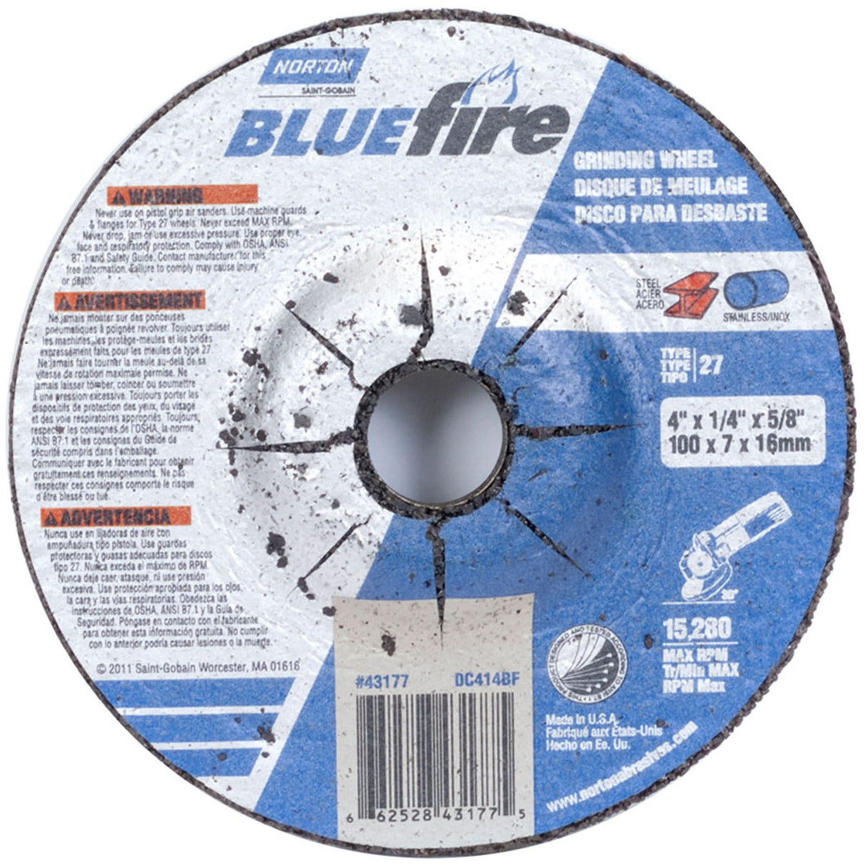 BlueFire® Depressed Center Wheel, 4" x 1/4", 5/8" Arbor, Type 27, Zirconia Alumina, 15280 RPM