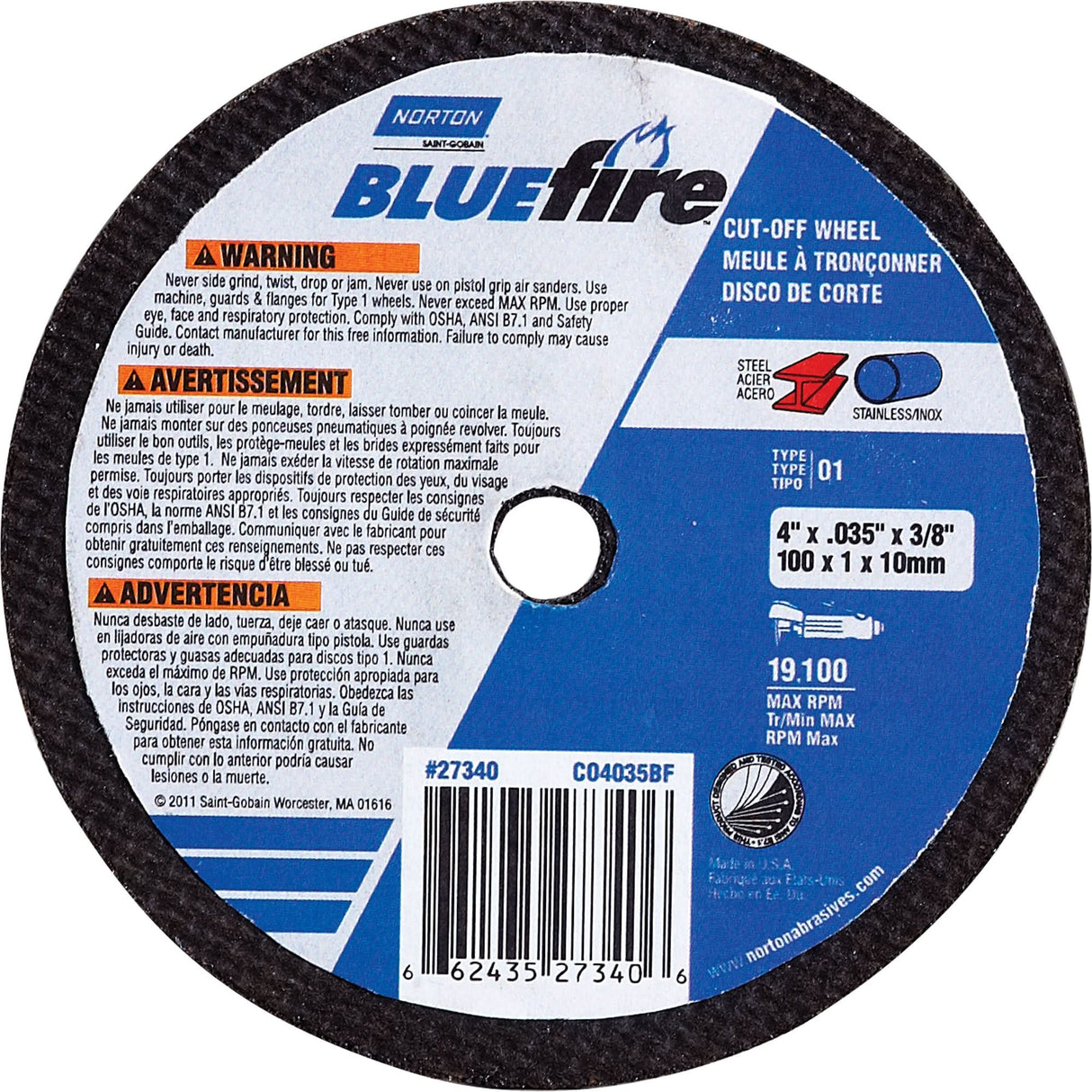 BlueFire® Cut-Off Wheels, 3" x 0.035", 3/8" Arbor, Aluminum Oxide, Type 1