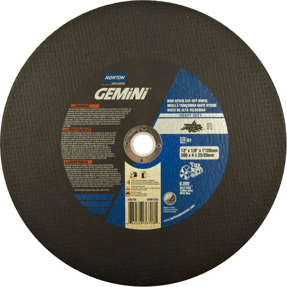 Cut-Off Disc for High Speed Metal, 12" x 1/8", 1" Arbor, Type 1, Aluminum Oxide, 6300 RPM