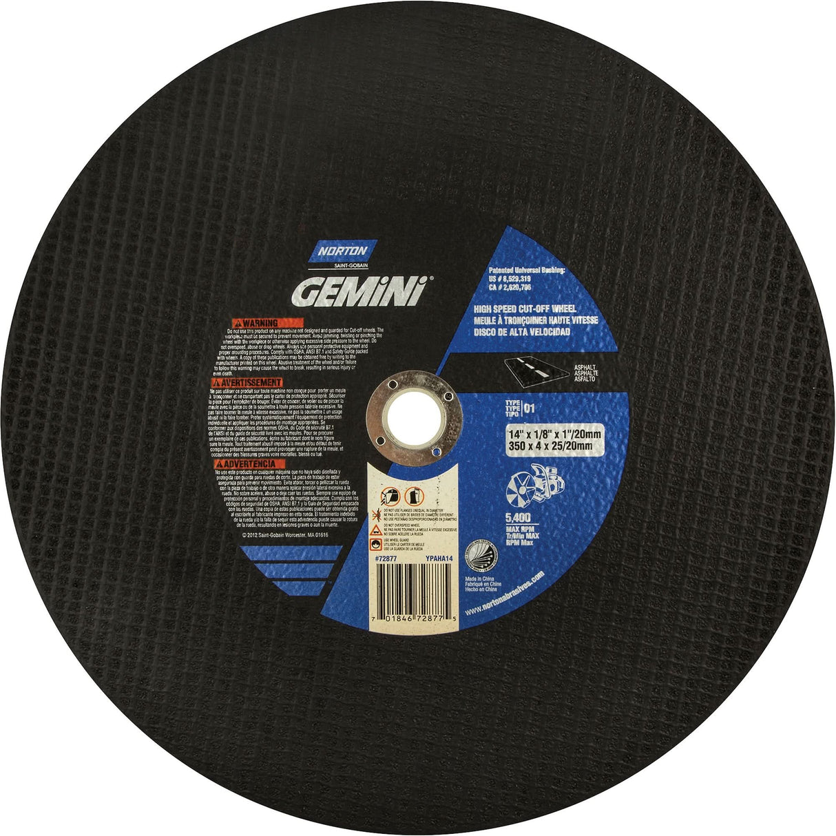 High Speed Reinforced Cut-Off Wheels, 14" x 1/8", 1" Arbor, Type 1, Silicon Carbide, 5400 RPM