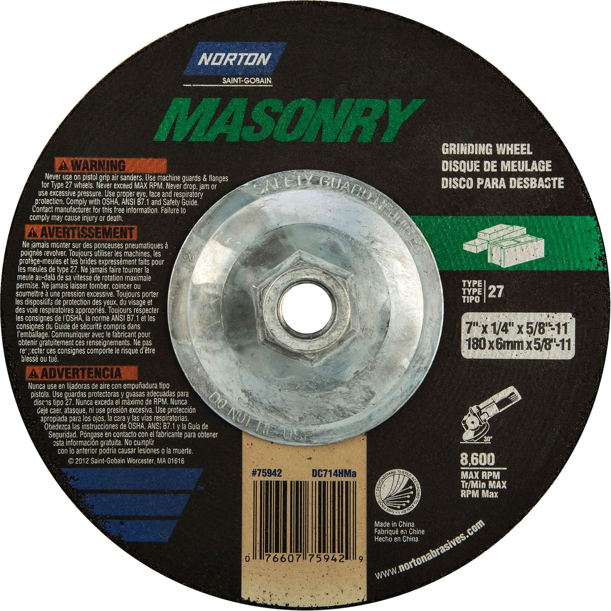 Masonry C Grinding Wheel, 7" x 1/4", 5/8"-11 Arbor, Silicon Carbide, Type 27