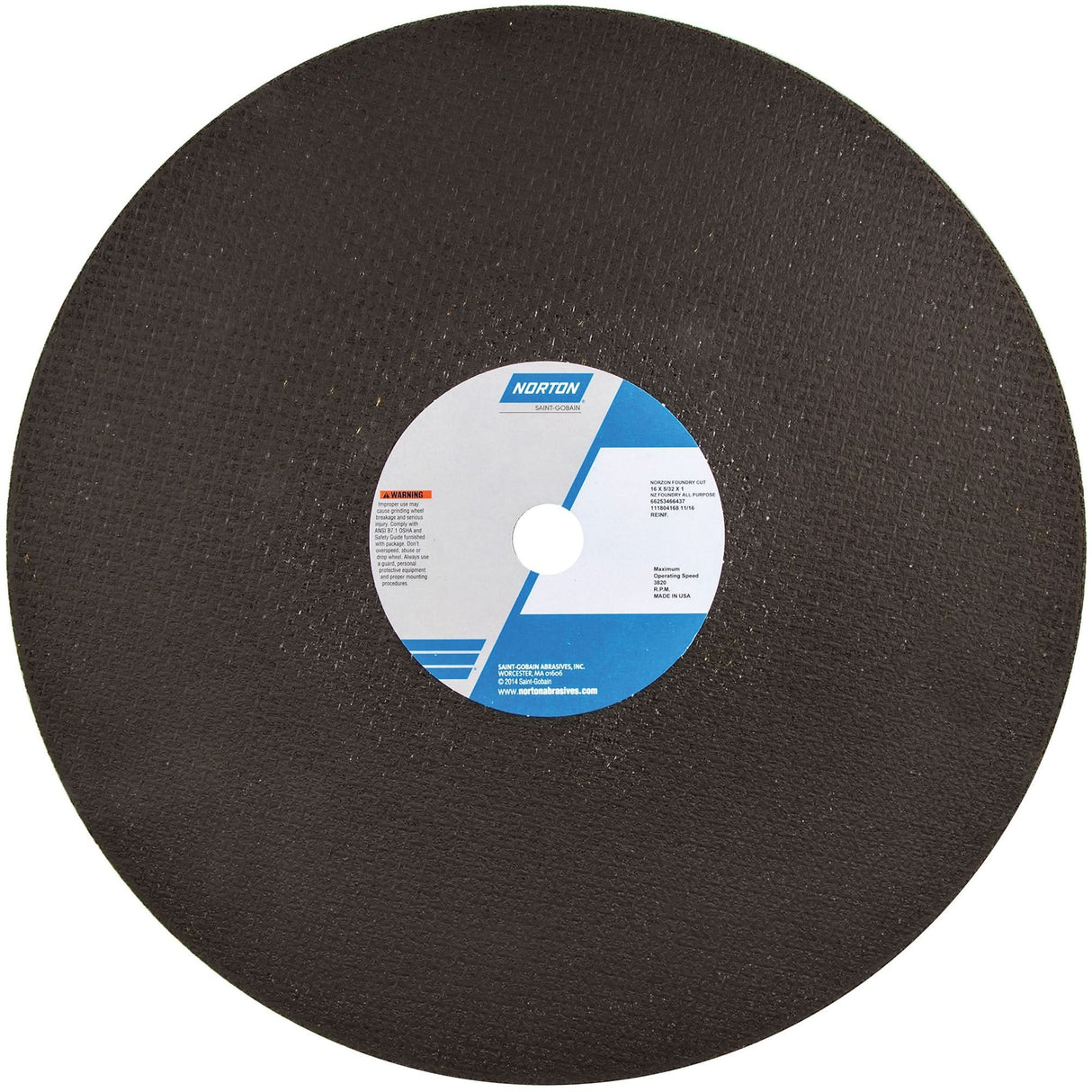 Reinforced Foundry Cut-Off Wheel, 16" x 5/32", 1" Arbor, Type 01/41, Zirconia Alumina, 3820 RPM