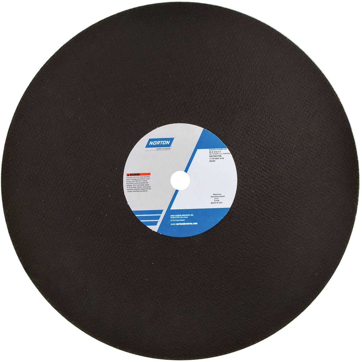 Reinforced Foundry Cut-Off Wheel, 20" x 5/32", 1" Arbor, Type 01/41, Zirconia Alumina, 2710 RPM